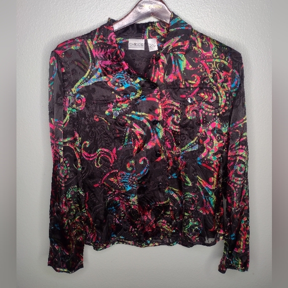 Chico's Burnout Velvet Silk Blend Blouse Top Size 1 Black Artsy Art To Wear A16 - Picture 1 of 6